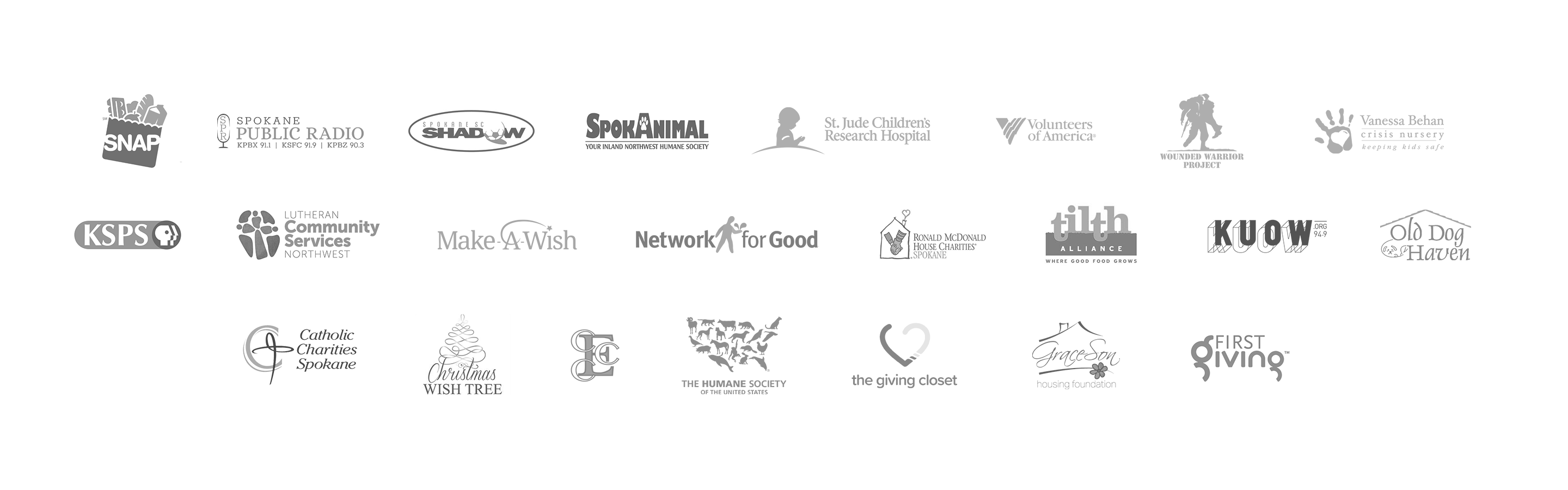 Logos for SNAP, Spokane Public Radio, Spokane SC Shadow, SpokAnimal, St. Jude Children's Research Hospital, Volunteers of America, Wounded Warrior Project, Vanessa Behan Crisis Nursery, Lutheran Community Services Northwest, Make-A-Wish, Network for Good, Ronald McDonald House Charities Spokane, Tilth Alliance, KUOW Org 94.9, Catholic Charities Spokane, Christmas Wish Tree, ECC, The Humane Society, The Giving Closet, GraceSon Housing Foundation, and First Giving