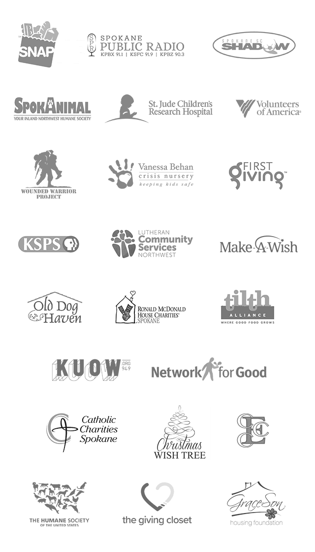 Logos for SNAP, Spokane Public Radio, Spokane SC Shadow, SpokAnimal, St. Jude Children's Research Hospital, Volunteers of America, Wounded Warrior Project, Vanessa Behan Crisis Nursery, Lutheran Community Services Northwest, Make-A-Wish, Network for Good, Ronald McDonald House Charities Spokane, Tilth Alliance, KUOW Org 94.9, Catholic Charities Spokane, Christmas Wish Tree, ECC, The Humane Society, The Giving Closet, GraceSon Housing Foundation, and First Giving