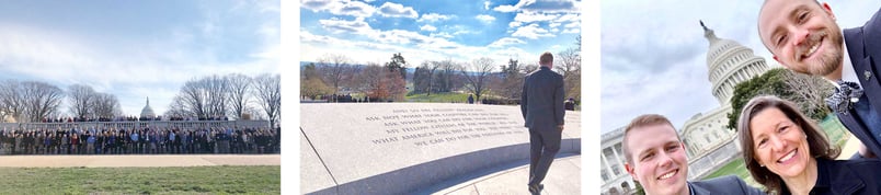 Three photos - a group of people outside of the White House; a person walking alongside John F Kennedy's gravesite; three smiling people photographed at an angle with the White House in the background
