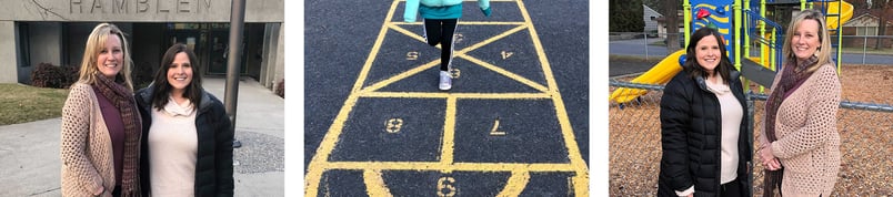 Three photos of two women and a child playing hopscotch