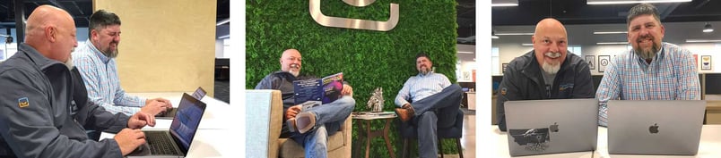 Photographs of two men; two at laptops, one in chairs