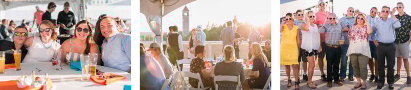 Three photographs of groups of people eating outdoors and standing in a group