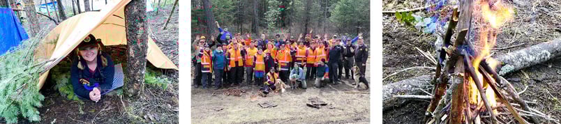 Three photos - a smiling woman looking out from under a small yellow tent; a group of people in orange vests in front of a forest; and a closeup of a small campfire
