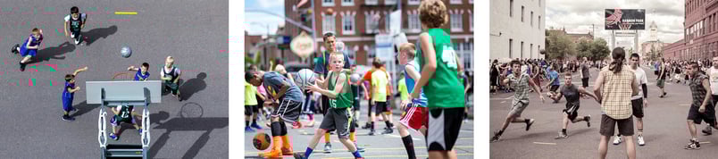 Three photographs of children playing basketball